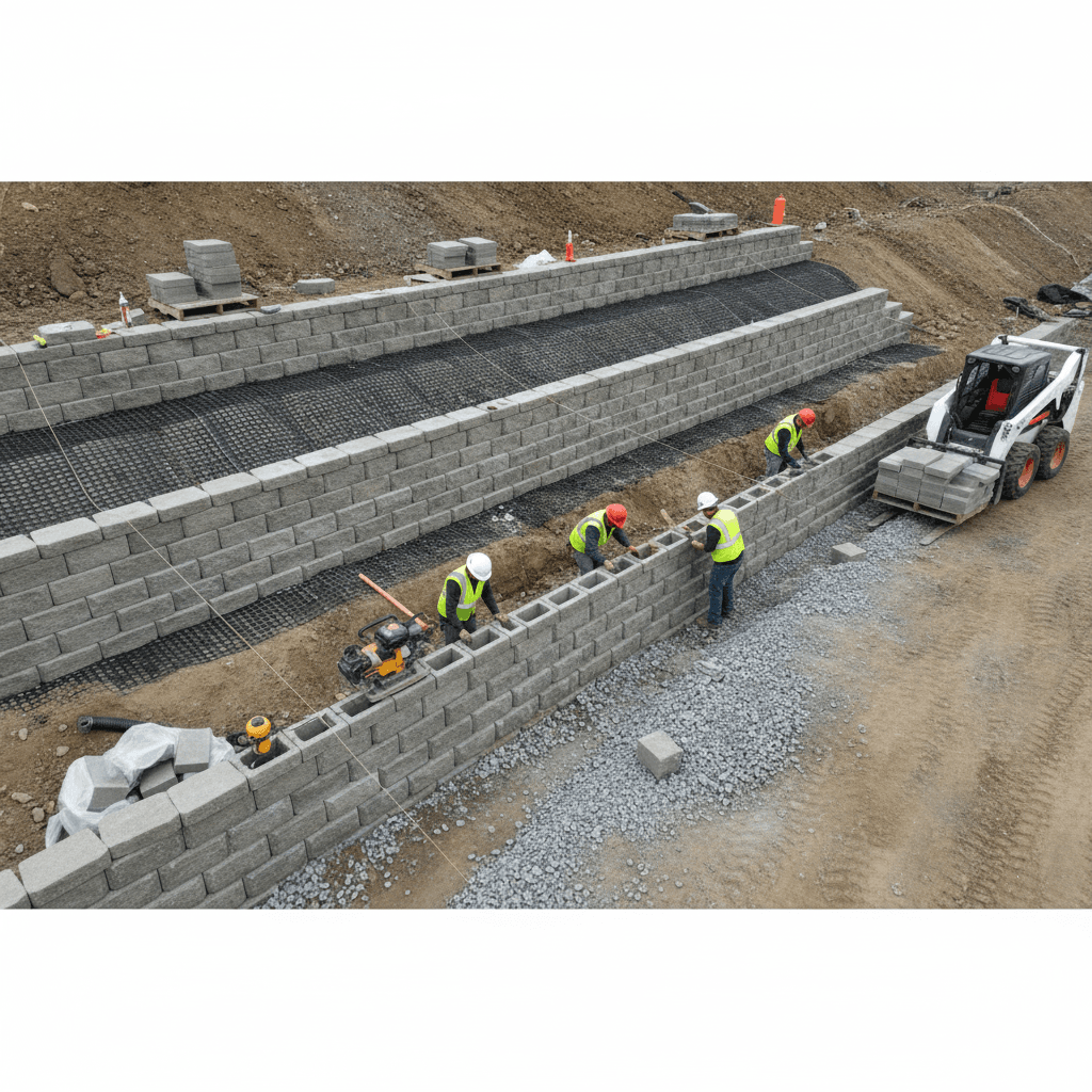 Segmental wall install along 18-foot grade transition